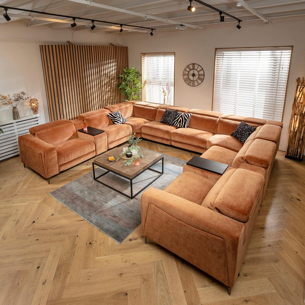 Canapé d'angle Florance 8 places avec console de rangement et fauteuil inclinable, couleur orange brûlé, 408 x 342 cm