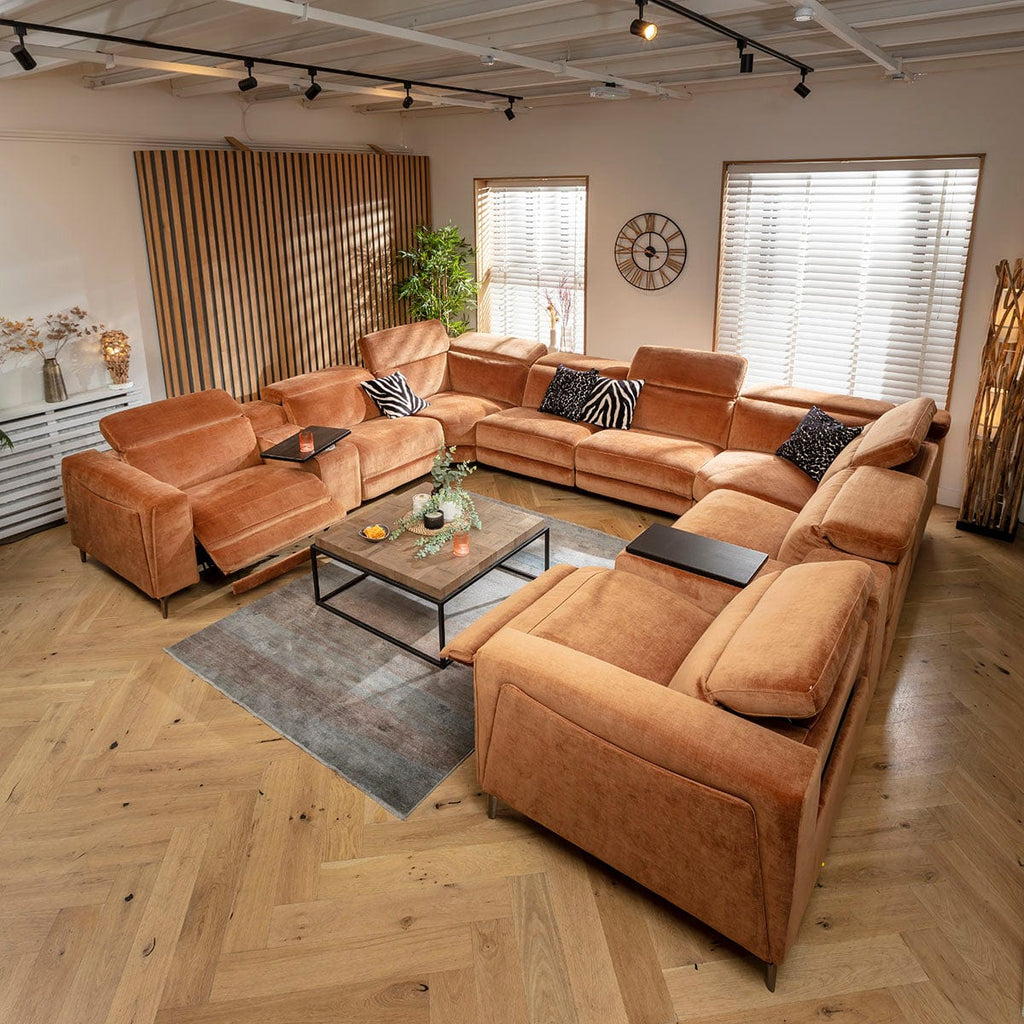 Canapé d'angle Florance 8 places avec console de rangement et fauteuil inclinable, couleur orange brûlé, 408 x 342 cm