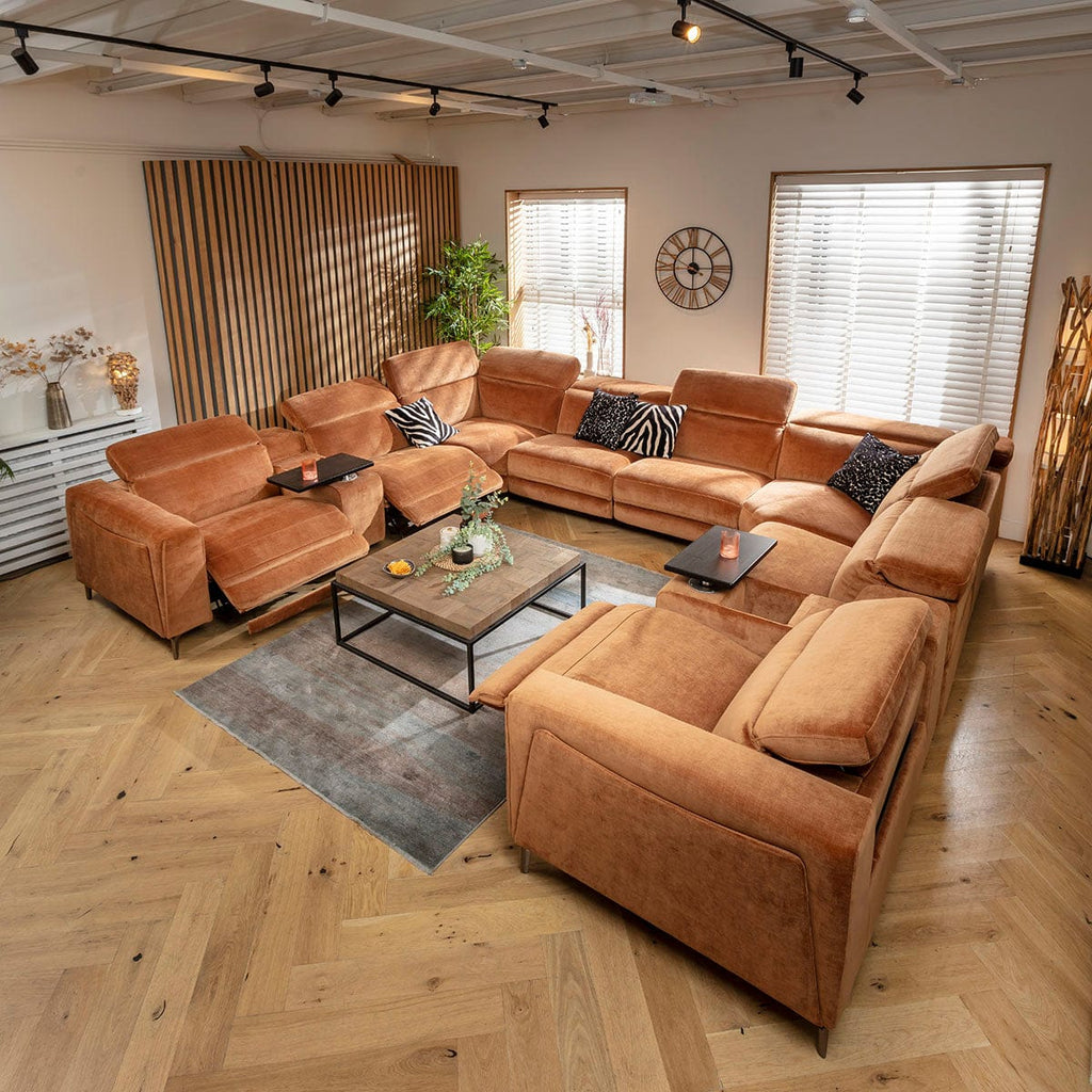 Canapé d'angle Florance 8 places avec trois fauteuils inclinables et console de rangement, orange brûlé, 408 x 342 cm
