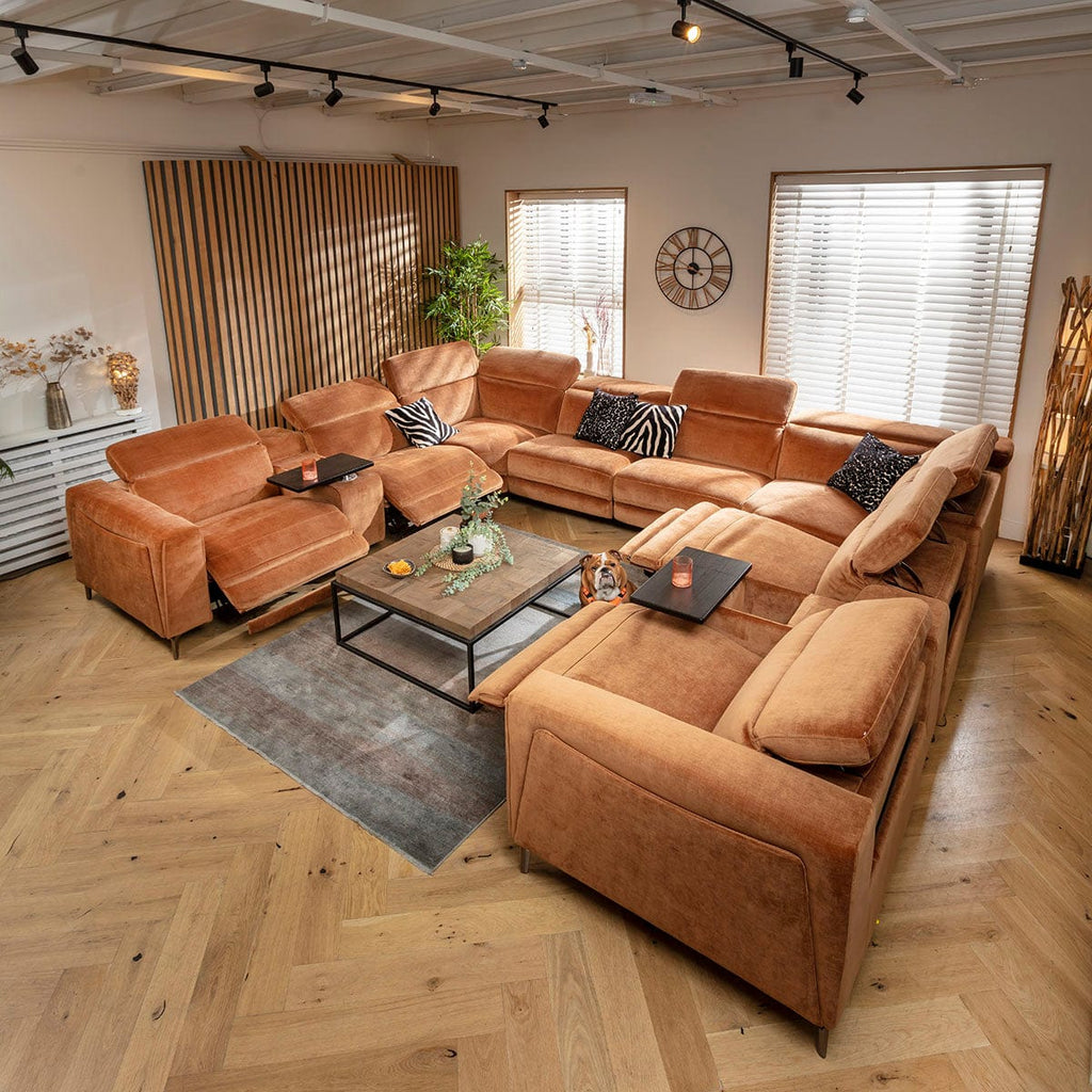 Canapé d'angle Florance 8 places avec fauteuils inclinables quadruples et console de rangement, orange brûlé, 408 x 342 cm