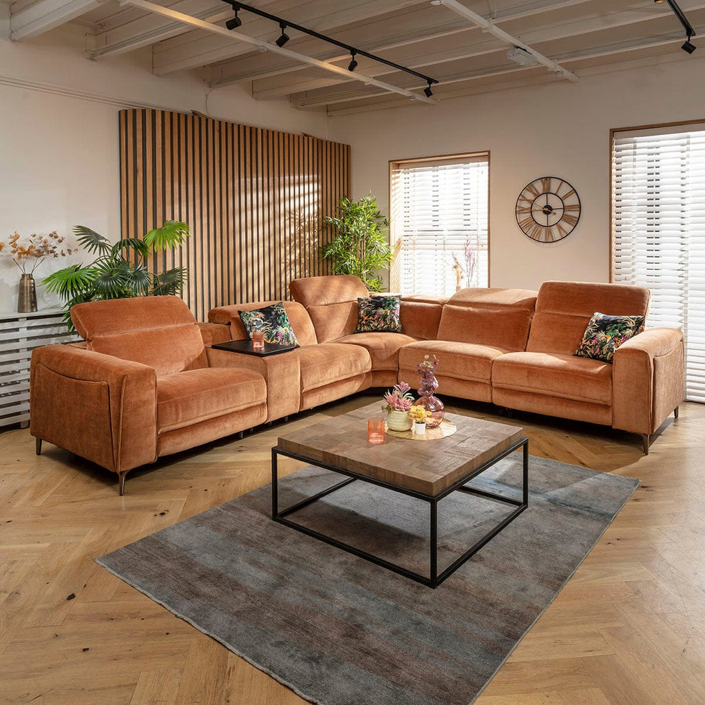 Canapé d'angle Florance 5 places avec triple relax et console de rangement, orange brûlé, 342 x 309 cm