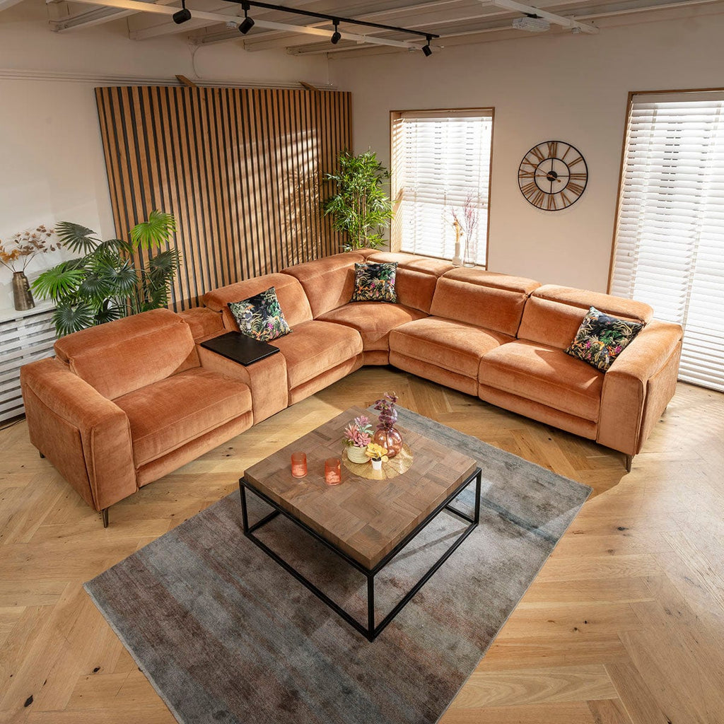 Canapé d'angle inclinable 5 places Florance avec console de rangement, orange brûlé, 342 x 309 cm