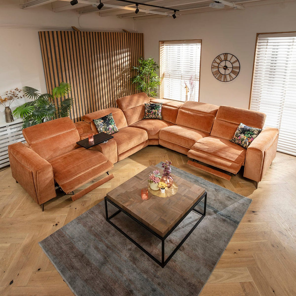 Canapé d'angle inclinable 5 places Florance avec console de rangement, orange brûlé, 342 x 309 cm