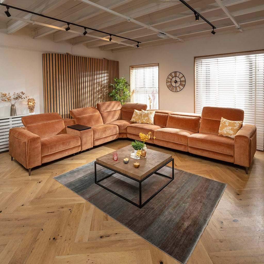 Canapé d'angle Florance 6 places avec triple relax et console de rangement, orange brûlé, 391 x 342 cm