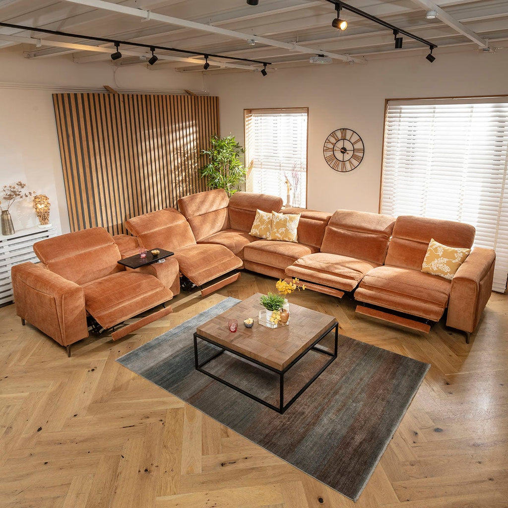 Canapé d'angle Florance 6 places avec fauteuil inclinable quadruple et console de rangement, orange brûlé, 391 x 342 cm