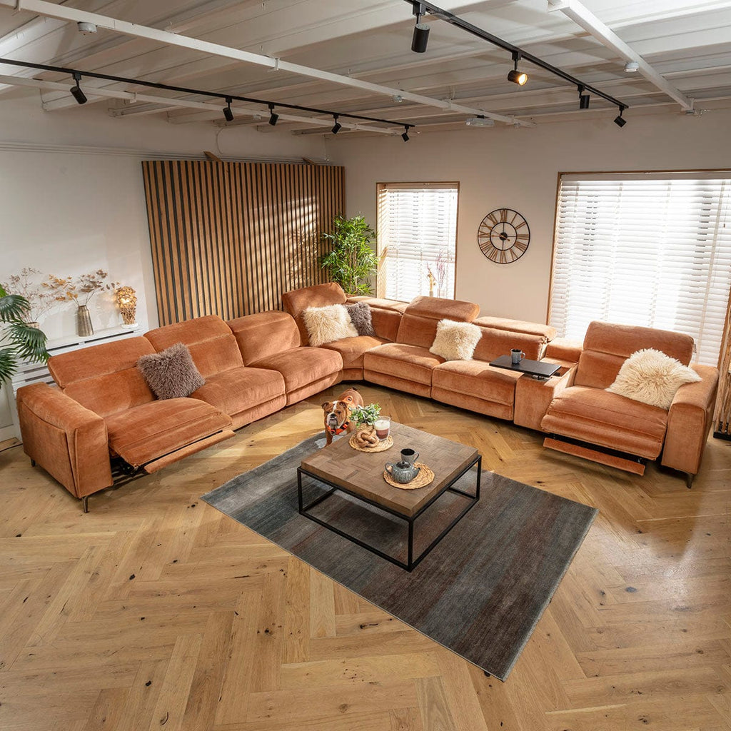 Canapé d'angle inclinable 7 places Florance avec console de rangement, orange brûlé, 424 x 391 cm