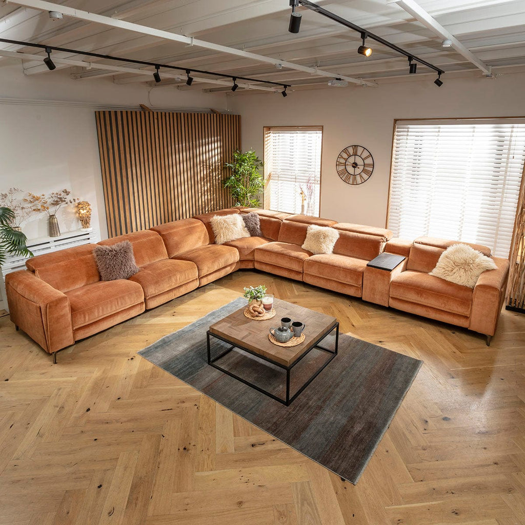 Canapé d'angle inclinable 7 places Florance avec console de rangement, orange brûlé, 424 x 391 cm