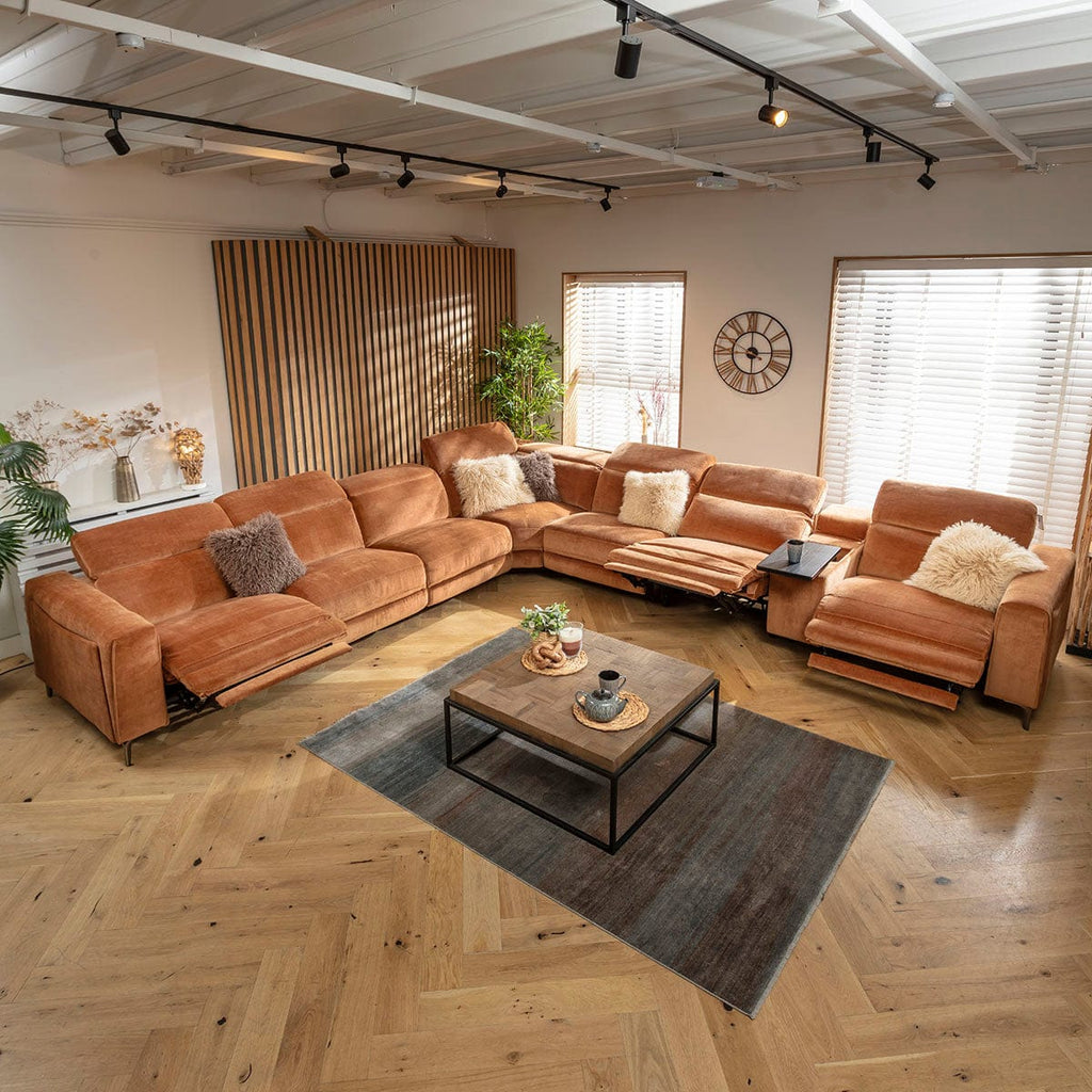 Canapé d'angle Florance 7 places avec quatre fauteuils inclinables et console de rangement, orange brûlé, 424 x 391 cm