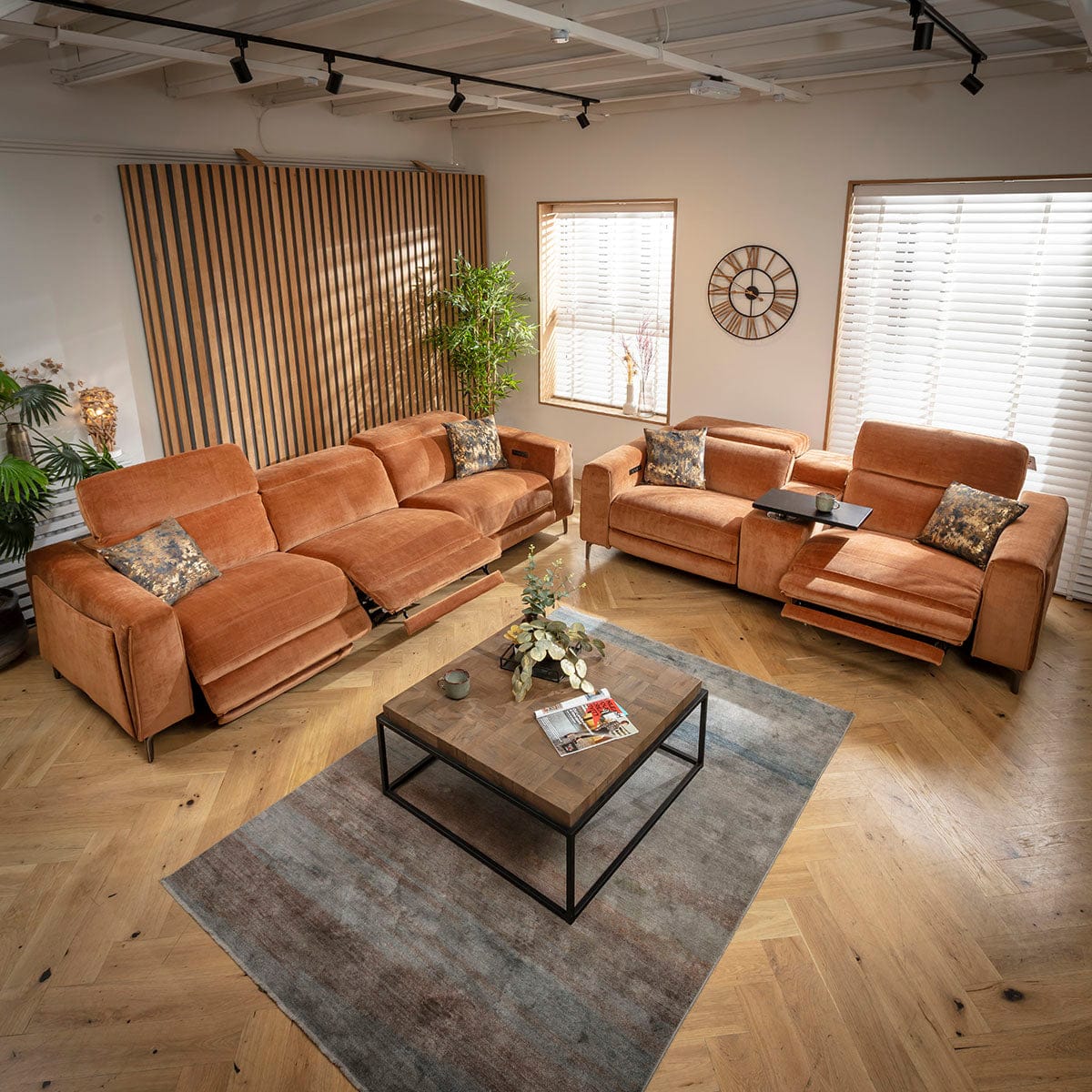 Ensemble canapé 3 et 2 places Florance Modern avec console de rangement, couleur orange brûlé