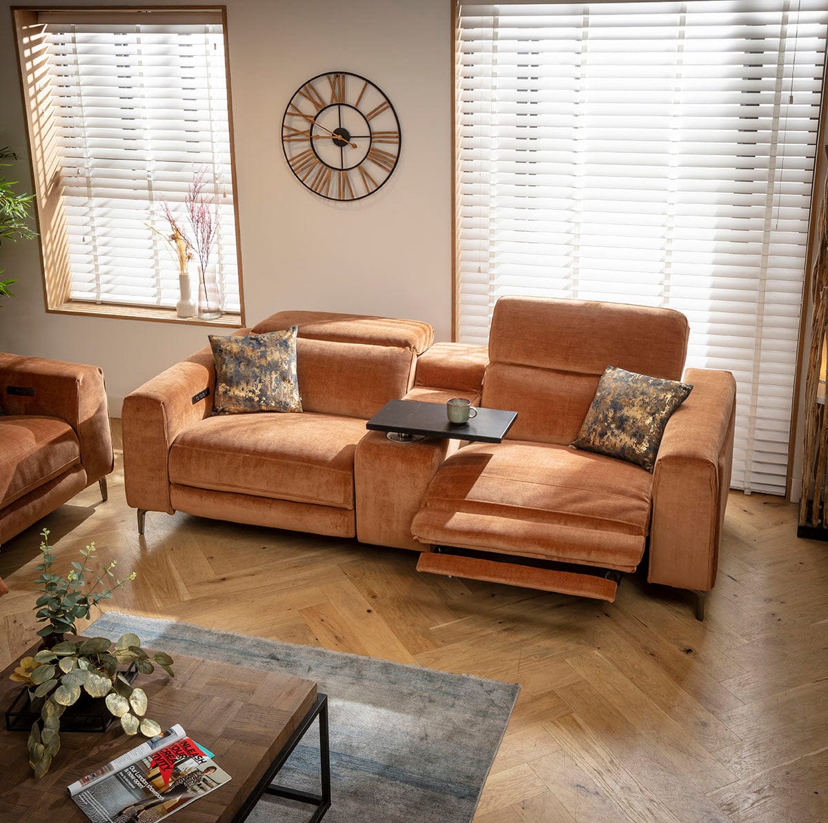 Ensemble canapé inclinable moderne Florance 3 et 2 places avec console de rangement, orange brûlé