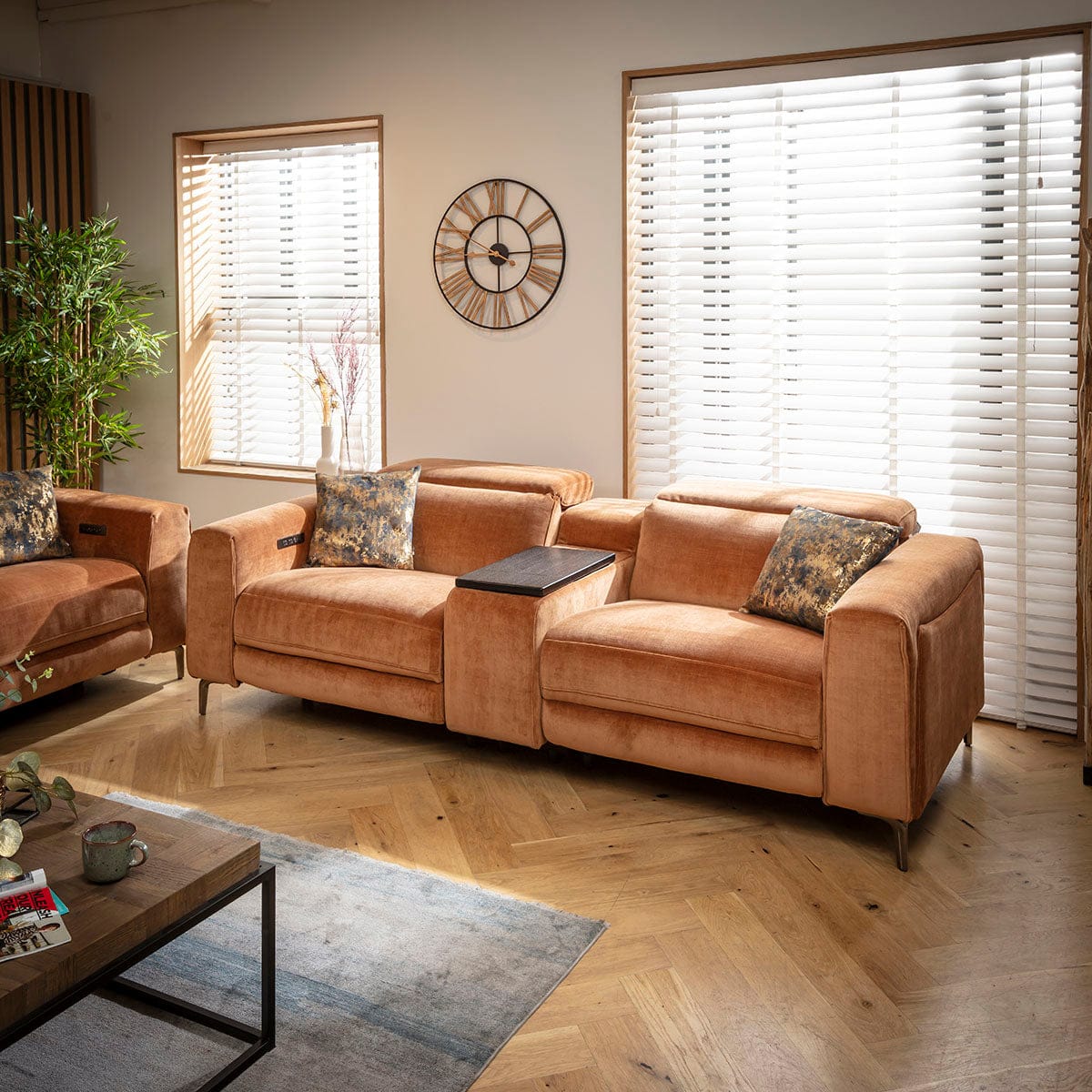 Canapé inclinable moderne Florance 2 places avec console de rangement, orange brûlé, 243 x 105 cm