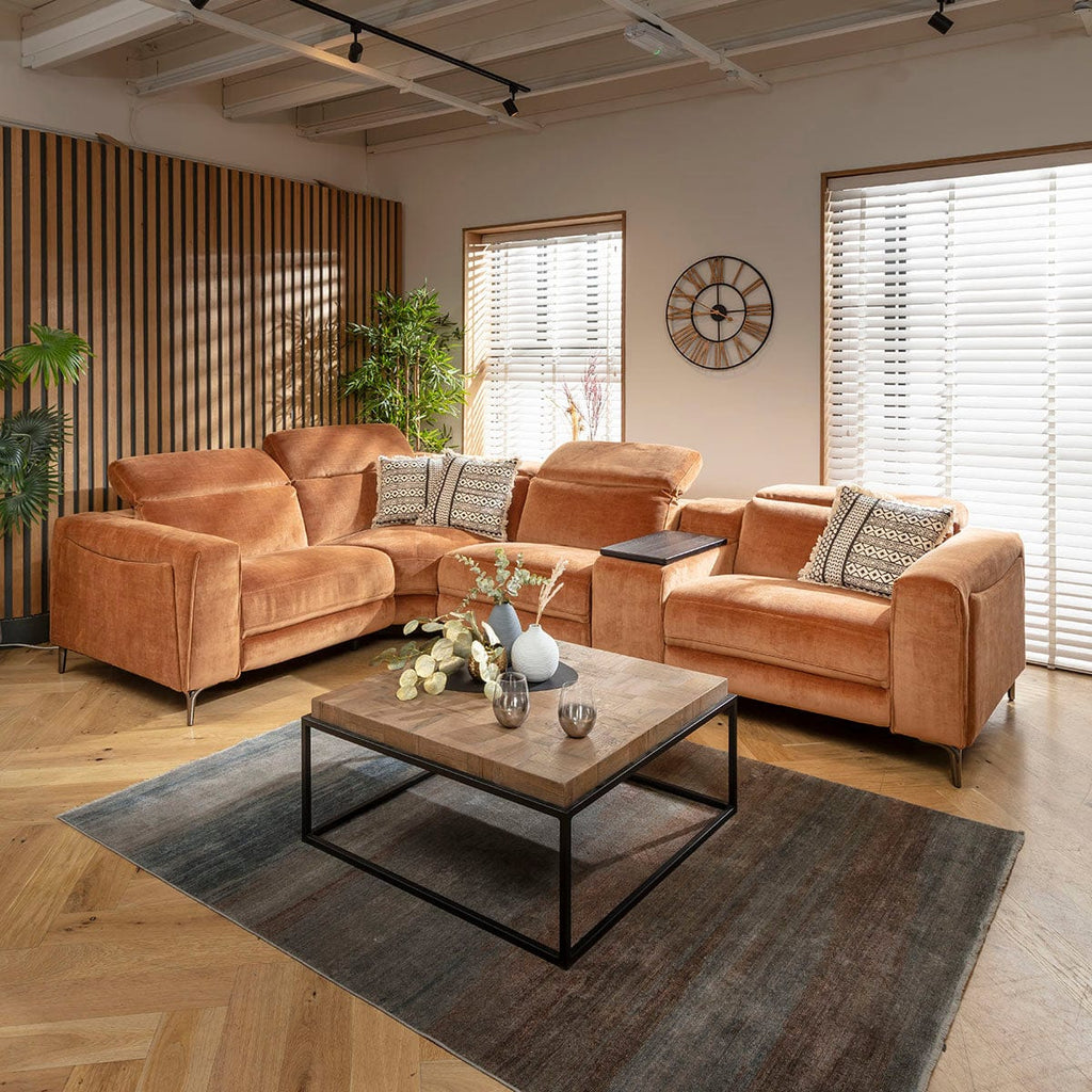 Canapé d'angle inclinable 4 places Florance avec console de rangement, orange brûlé, 342 x 227 cm