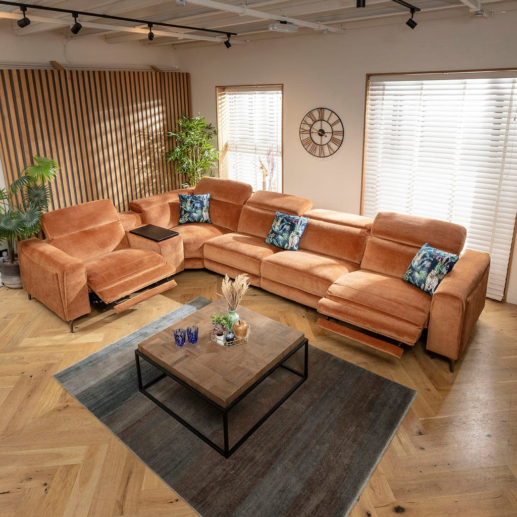 Canapé d'angle inclinable 5 places Florance avec console de rangement, orange brûlé, 391 x 260 cm