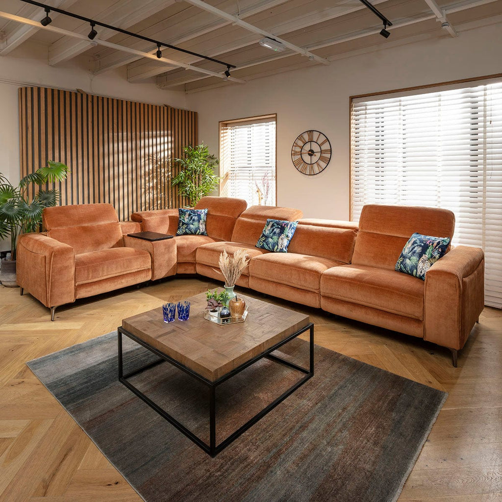 Canapé d'angle Florance 5 places avec triple relax et console de rangement, orange brûlé, 391 x 260 cm