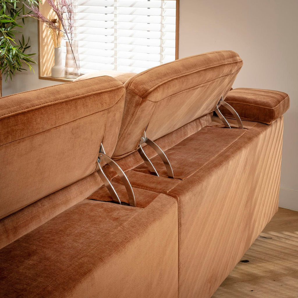 Canapé d'angle Florance 8 places avec fauteuils inclinables quadruples et console de rangement, orange brûlé, 408 x 342 cm