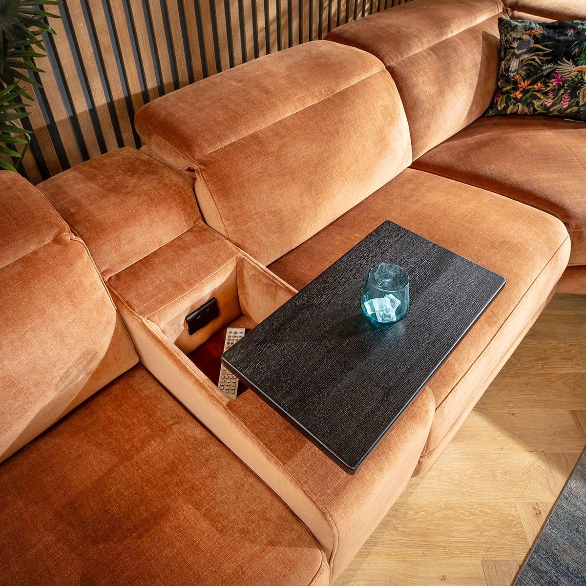 Canapé d'angle Florance 8 places avec fauteuils inclinables quadruples et console de rangement, orange brûlé, 408 x 342 cm