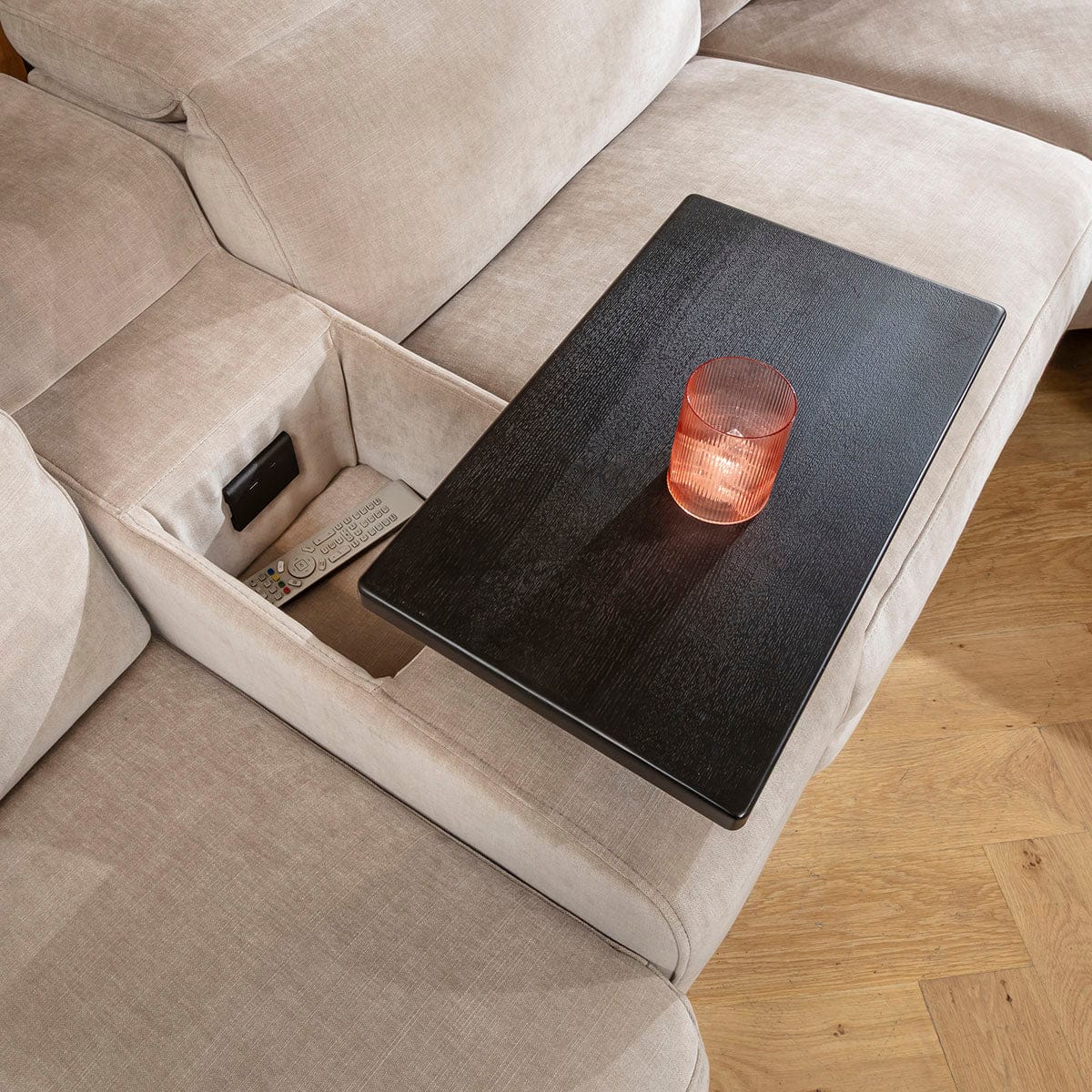 Canapé d'angle inclinable 6 places Florance avec console de rangement, gris mastic, 391 x 342 cm