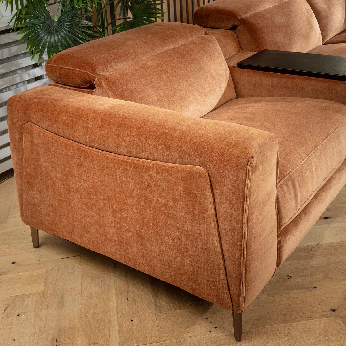 Canapé d'angle Florance 8 places avec fauteuils inclinables quadruples et console de rangement, orange brûlé, 408 x 342 cm