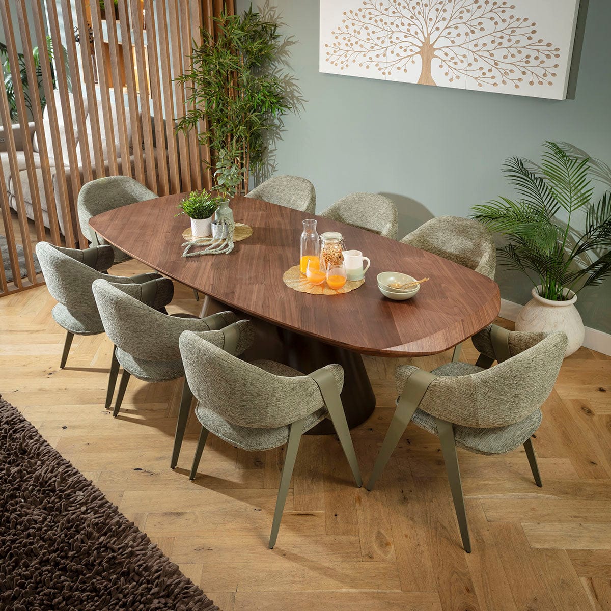 Ensemble de salle à manger moderne Freya &amp; Phoenix, 8 places, vert et noyer