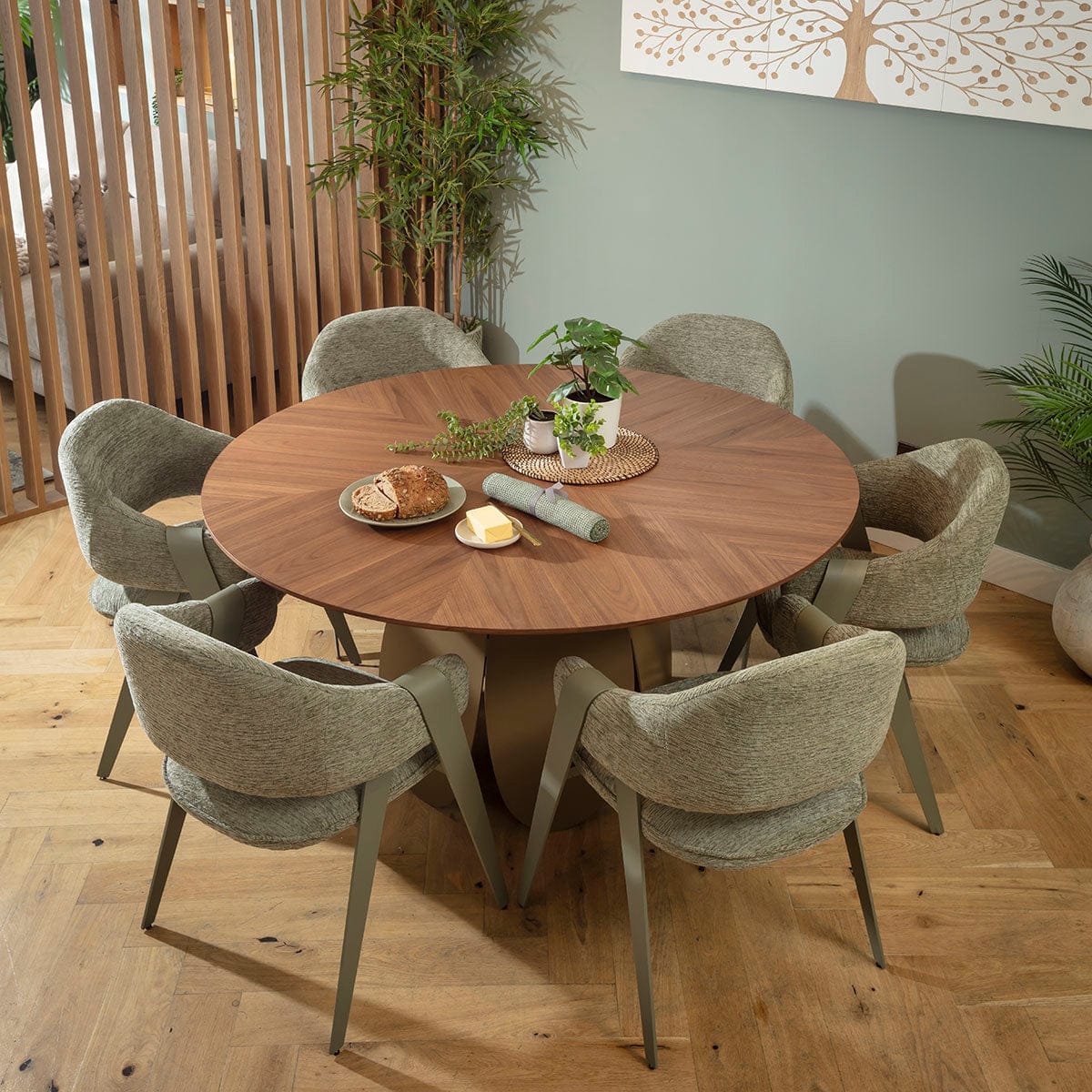 Ensemble de salle à manger rond moderne 6 places Freya &amp; Phoenix, vert et noyer