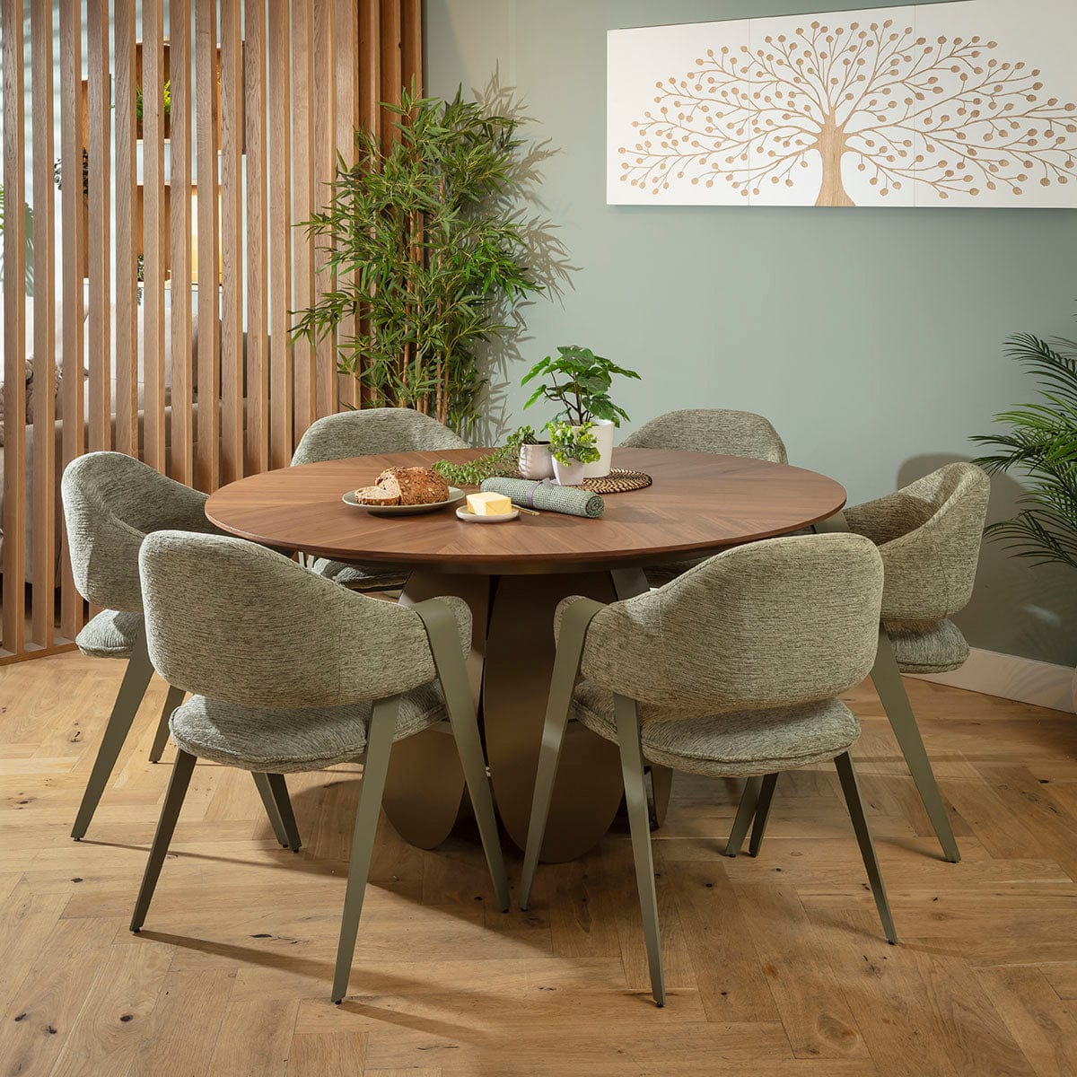 Ensemble de salle à manger rond moderne 6 places Freya &amp; Phoenix, vert et noyer