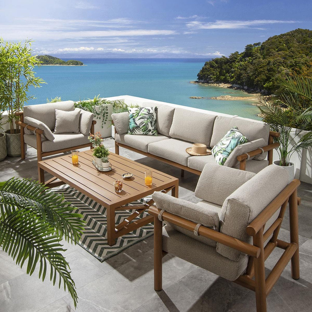 Ensemble de canapés de jardin 5 places Mia en aluminium imitation bois, coloris chêne latte