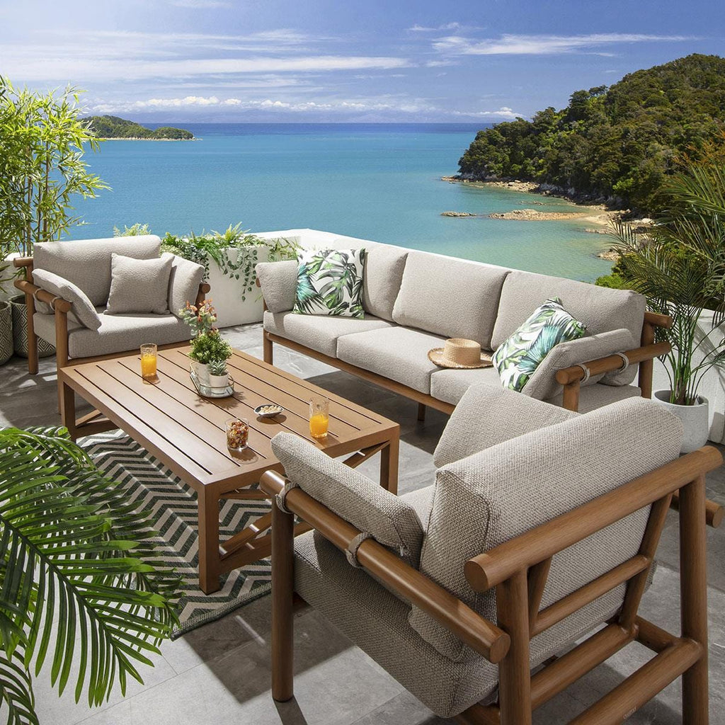 Ensemble de canapés de jardin 5 places Mia en aluminium imitation bois, coloris chêne latte