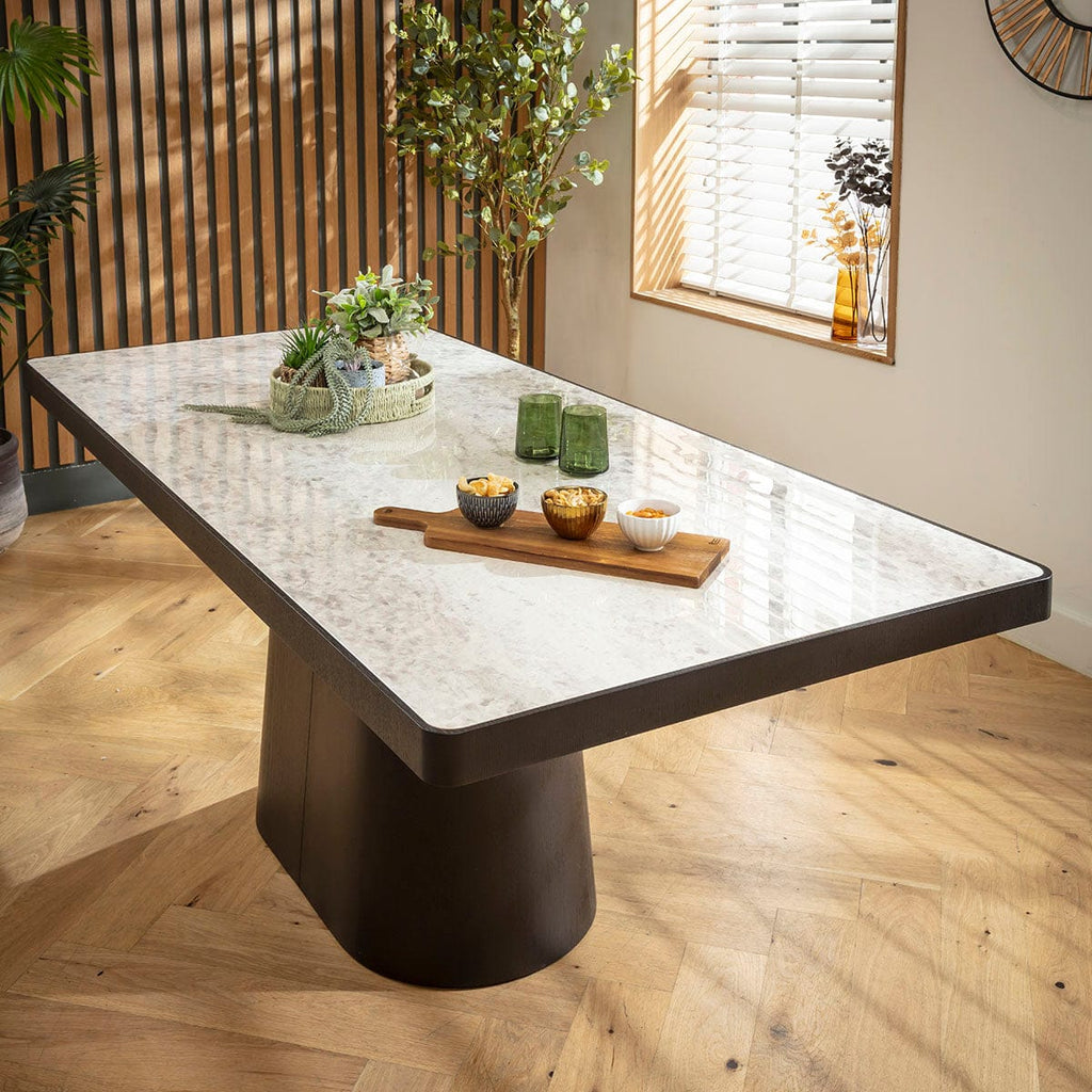 Table de salle à manger Hastings 8 places en céramique effet marbre, chêne gris et noir, 200 x 90 cm