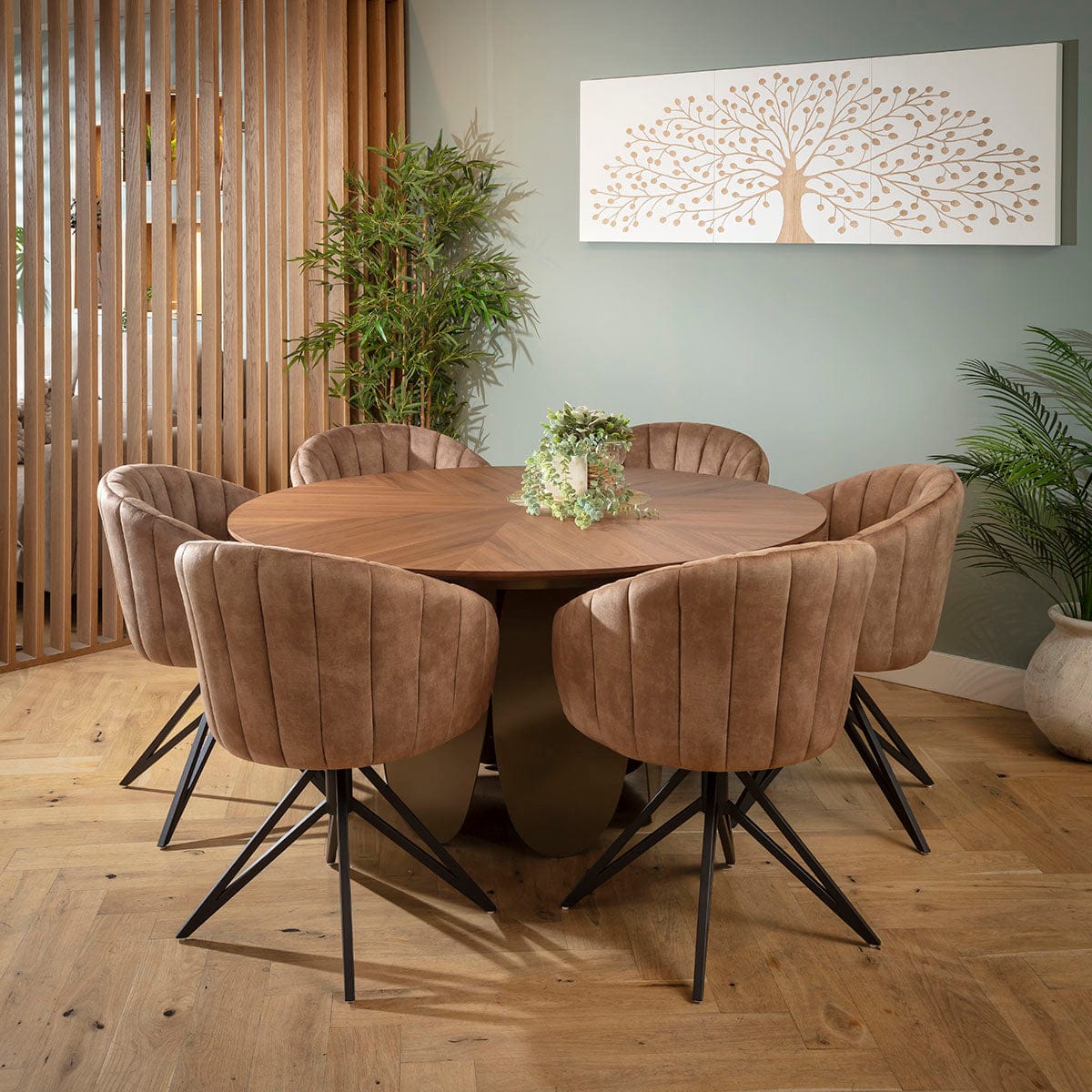 Ensemble de salle à manger rond moderne 6 places Hattie &amp; Phoenix, marron et noyer