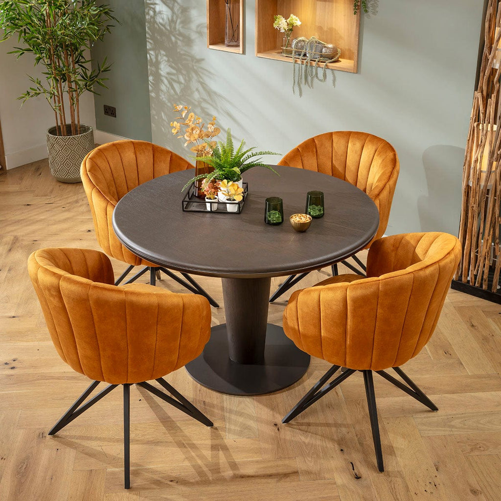 Ensemble de salle à manger rond contemporain 4 places Hattie &amp; Pluto, finition chêne safran et gris.