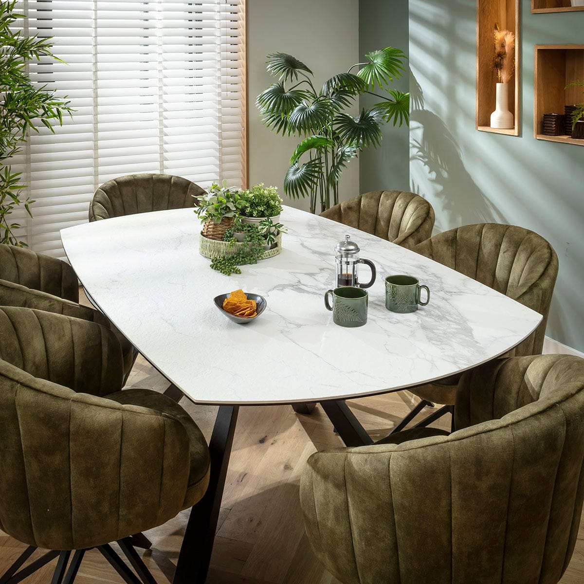 Ensemble de salle à manger rond extensible 6 places Hattie &amp; Rudie en céramique verte et blanche mate