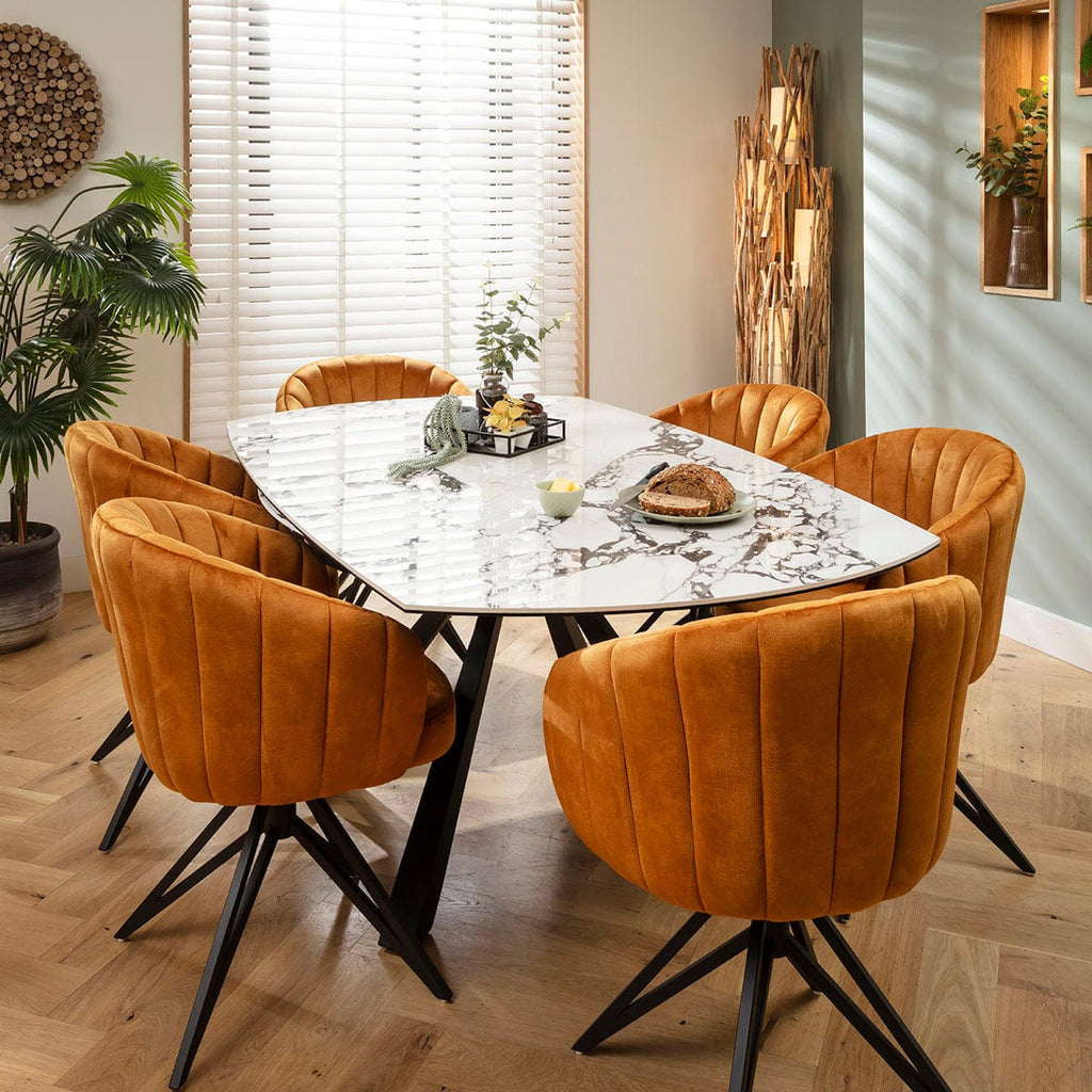 Ensemble de salle à manger rond extensible 6 places Hattie &amp; Rudie, céramique blanche safran et veinée noire