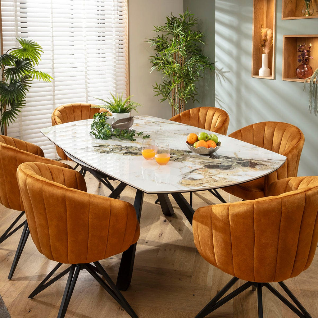 Ensemble de salle à manger rond extensible 6 places Hattie &amp; Rudie, céramique safran et blanche