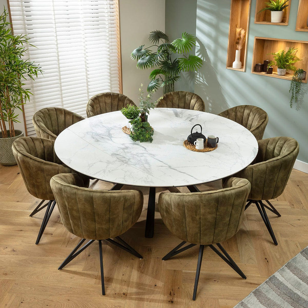 Ensemble de salle à manger rond extensible 8 places Hattie &amp; Rudie en céramique verte et blanche mate