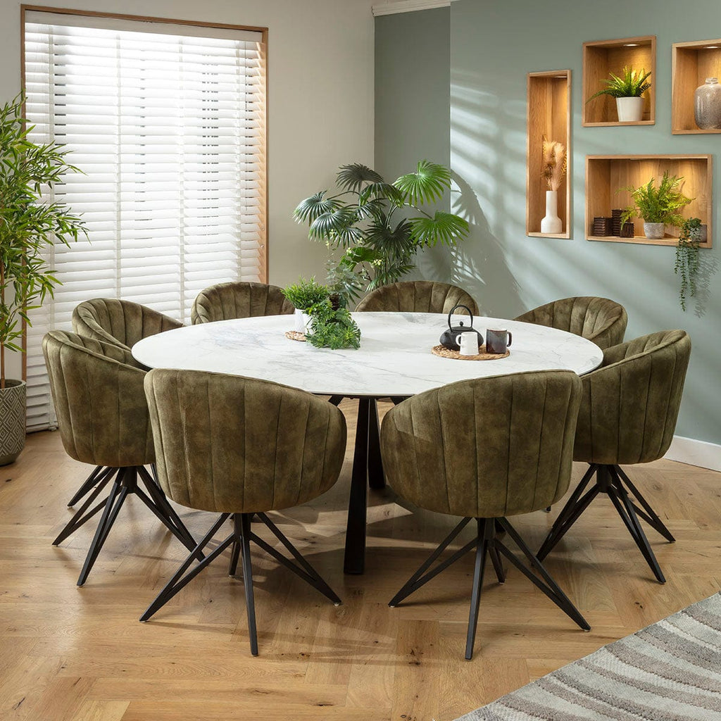 Ensemble de salle à manger rond extensible 8 places Hattie &amp; Rudie en céramique verte et blanche mate