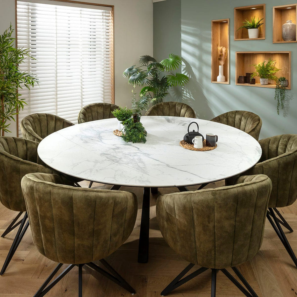 Ensemble de salle à manger rond extensible 8 places Hattie &amp; Rudie en céramique verte et blanche mate