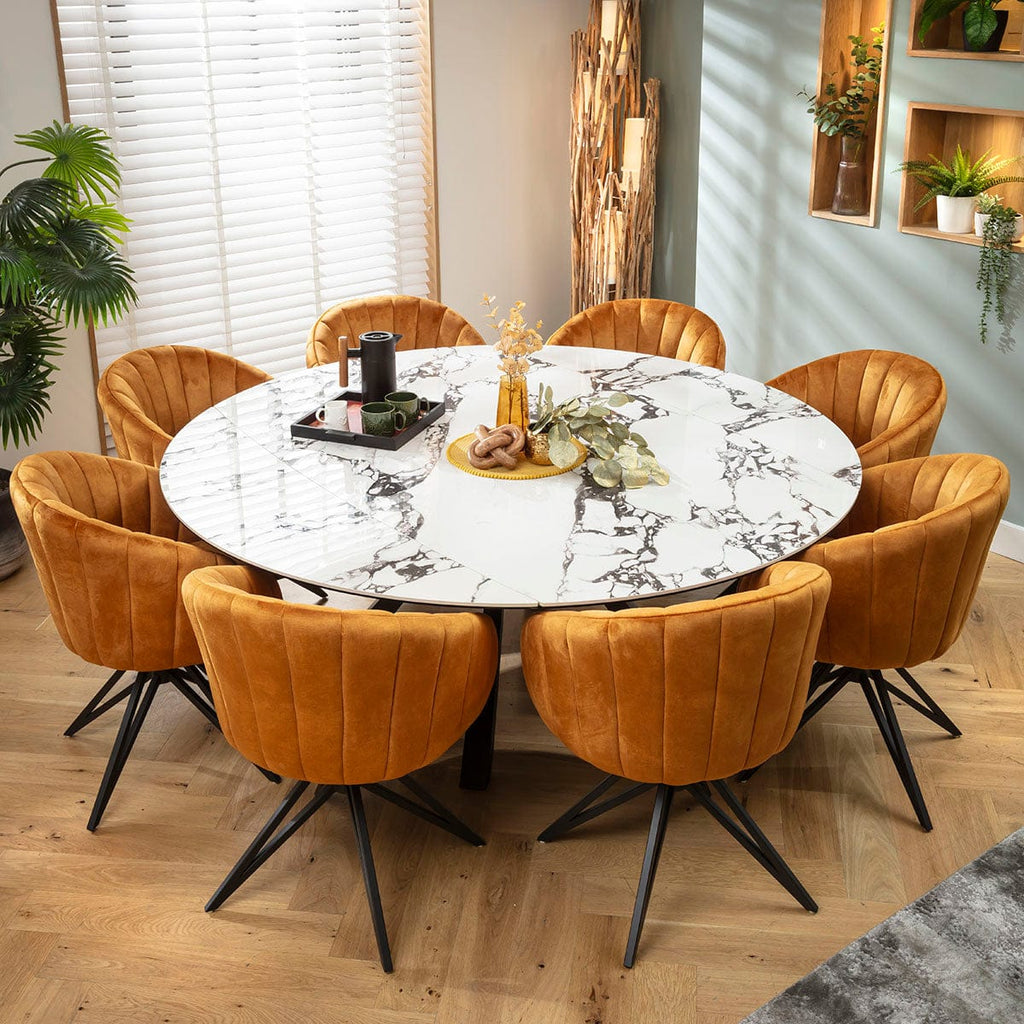 Ensemble de salle à manger rond extensible 8 places Hattie &amp; Rudie, céramique blanche safran et veinée noire