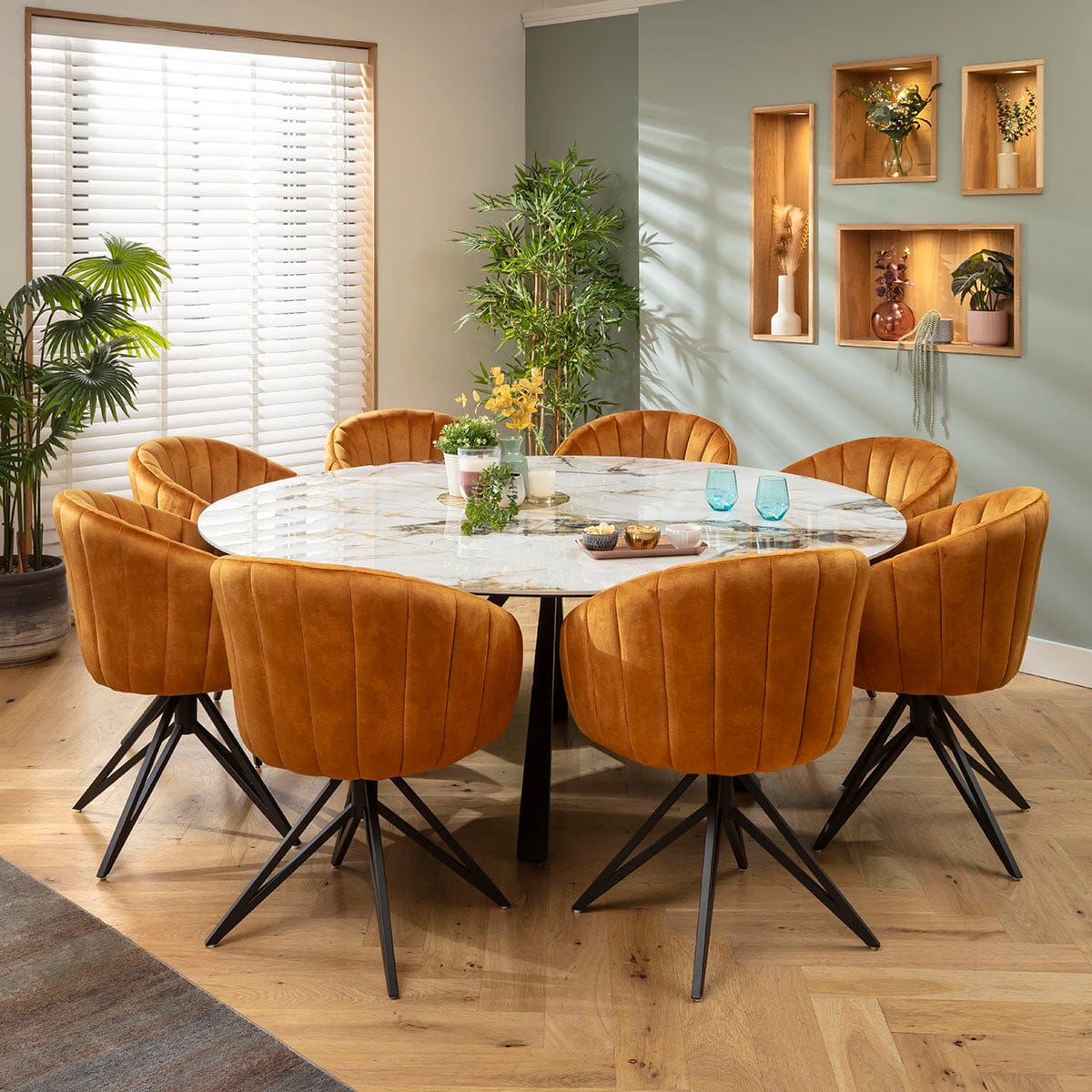 Ensemble de salle à manger rond extensible 8 places Hattie &amp; Rudie, céramique safran et blanche