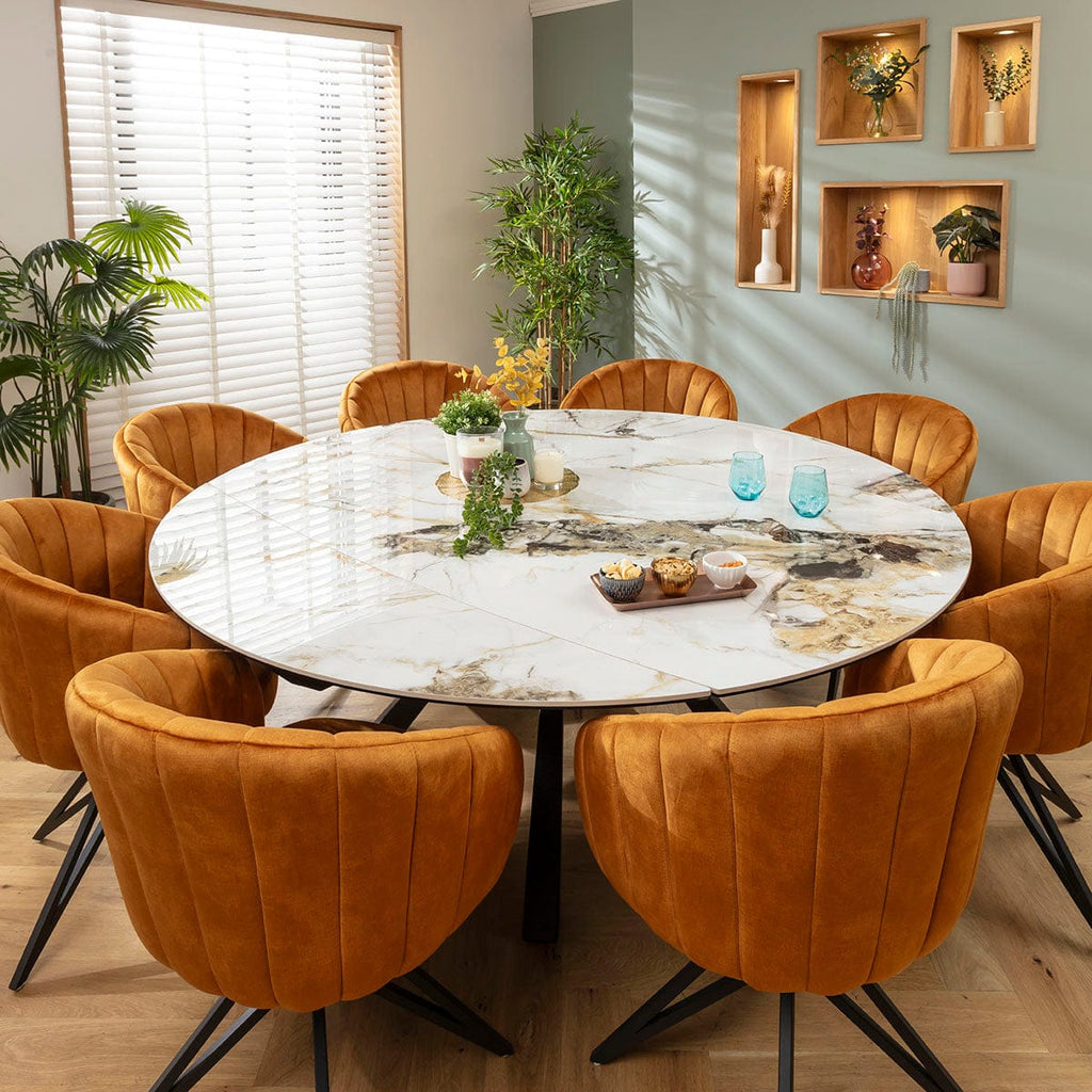 Ensemble de salle à manger rond extensible 8 places Hattie &amp; Rudie, céramique safran et blanche