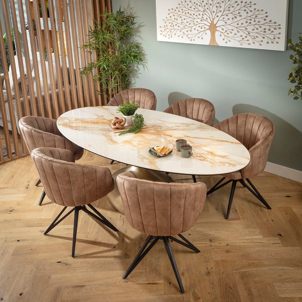 Ensemble de salle à manger ovale 6 places Hattie &amp; Venusia Luxury en céramique marron et blanche