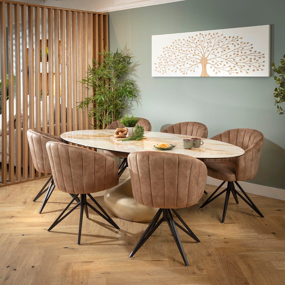 Ensemble de salle à manger ovale 6 places Hattie &amp; Venusia Luxury en céramique marron et blanche