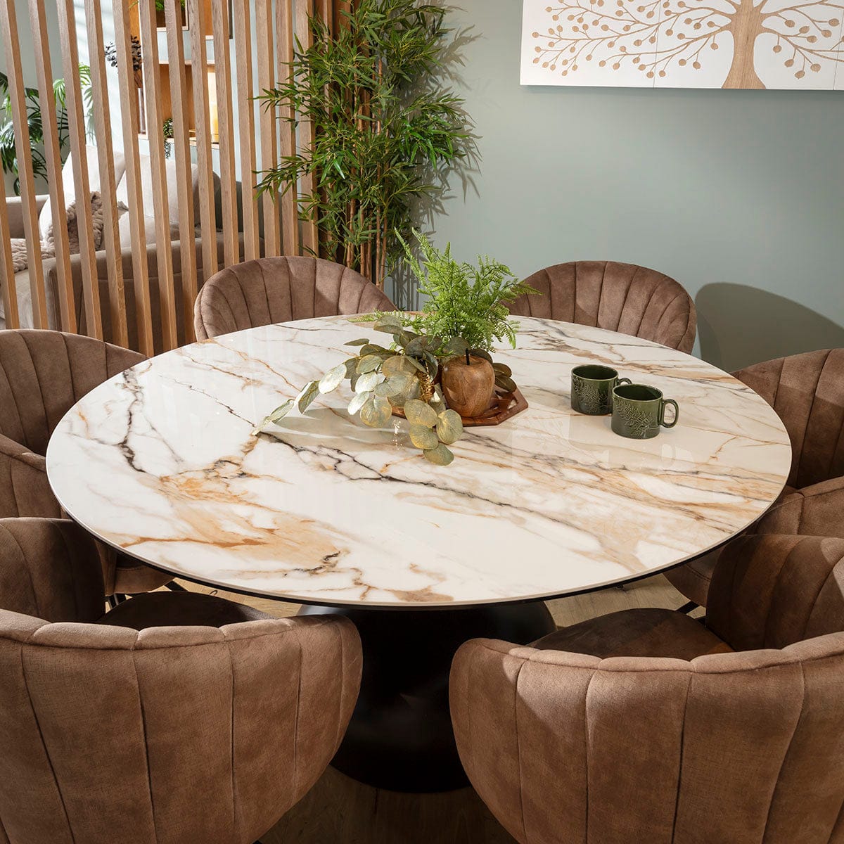 Ensemble de salle à manger rond moderne 6 places Hattie &amp; Venusia en céramique marron et blanche