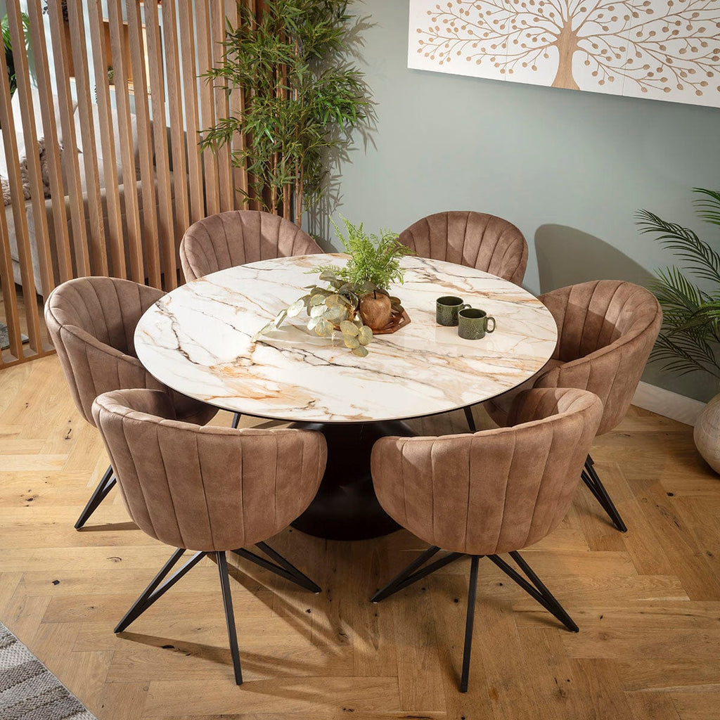 Ensemble de salle à manger rond moderne 6 places Hattie &amp; Venusia en céramique marron et blanche