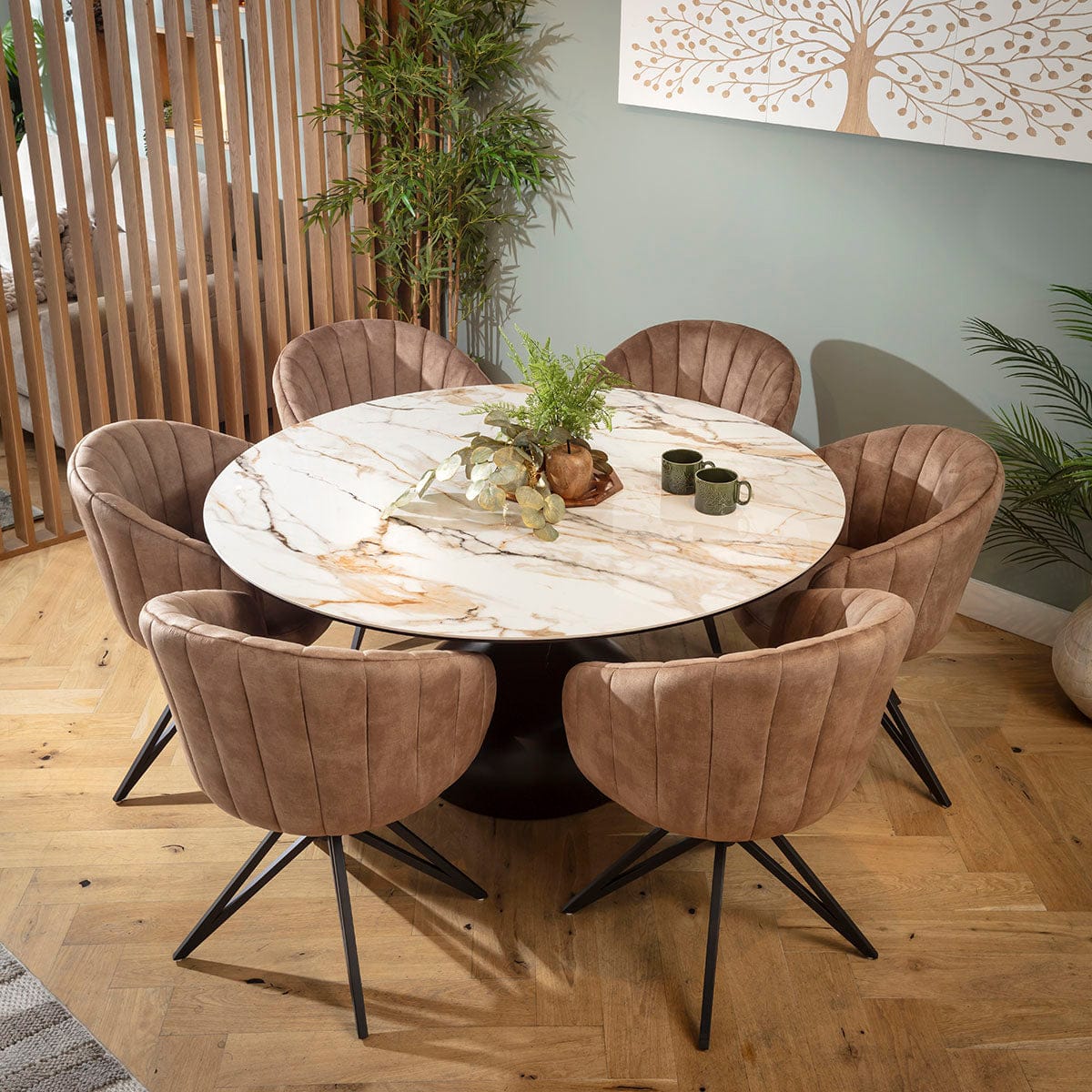 Ensemble de salle à manger rond moderne 6 places Hattie &amp; Venusia en céramique marron et blanche