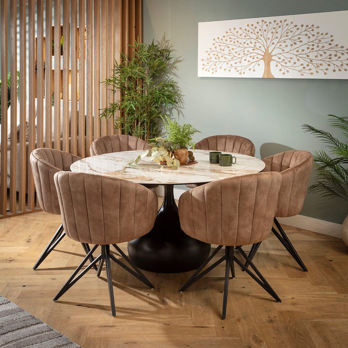 Ensemble de salle à manger rond moderne 6 places Hattie &amp; Venusia en céramique marron et blanche