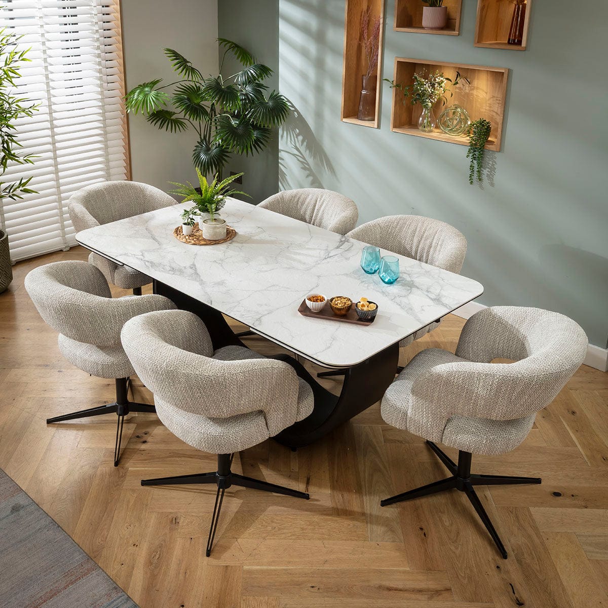 Ensemble de salle à manger extensible 6 places Aubrey &amp; Hugo, style moderne, en céramique grise et blanche mate