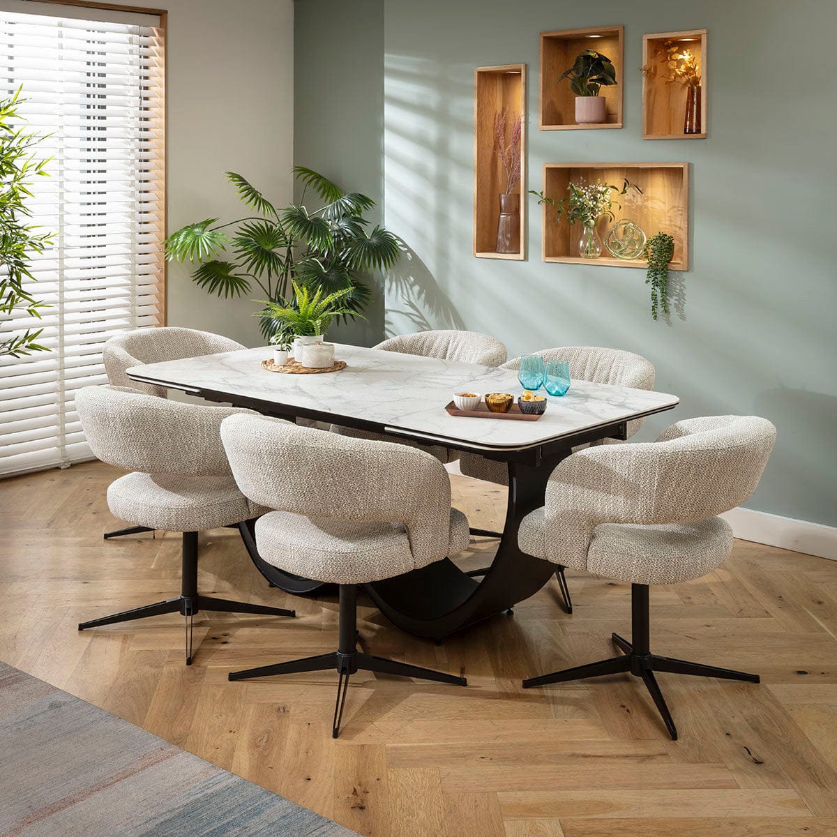 Ensemble de salle à manger extensible 6 places Aubrey &amp; Hugo, style moderne, en céramique grise et blanche mate