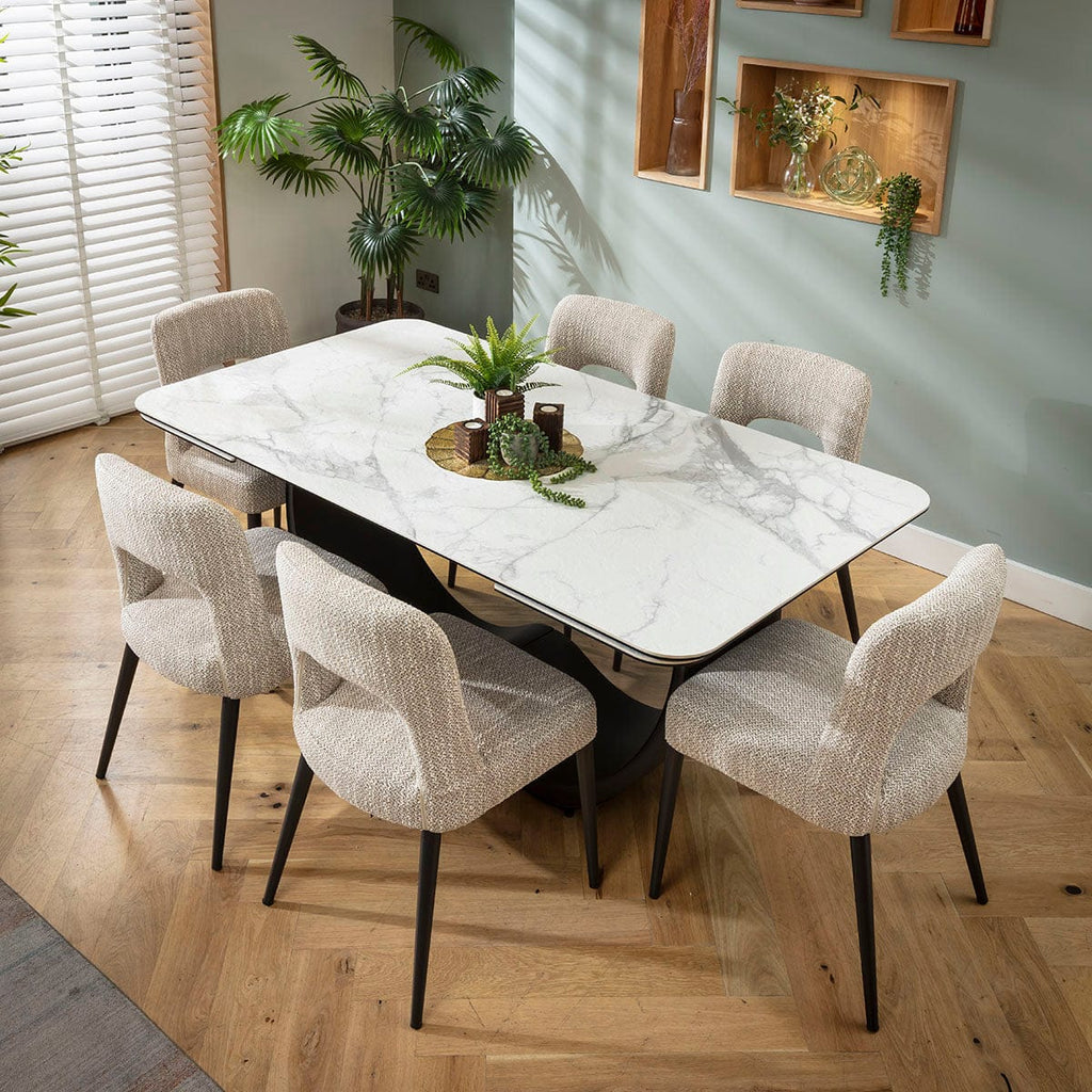 Ensemble de salle à manger extensible moderne 6 places Evie &amp; Hugo, en céramique marron et blanc mat
