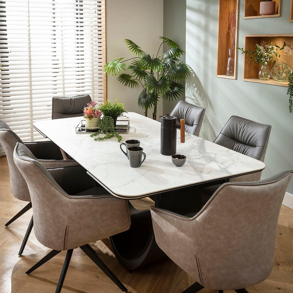 Ensemble de salle à manger extensible 6 places Millie &amp; Hugo, style moderne, en céramique grise et blanche mate