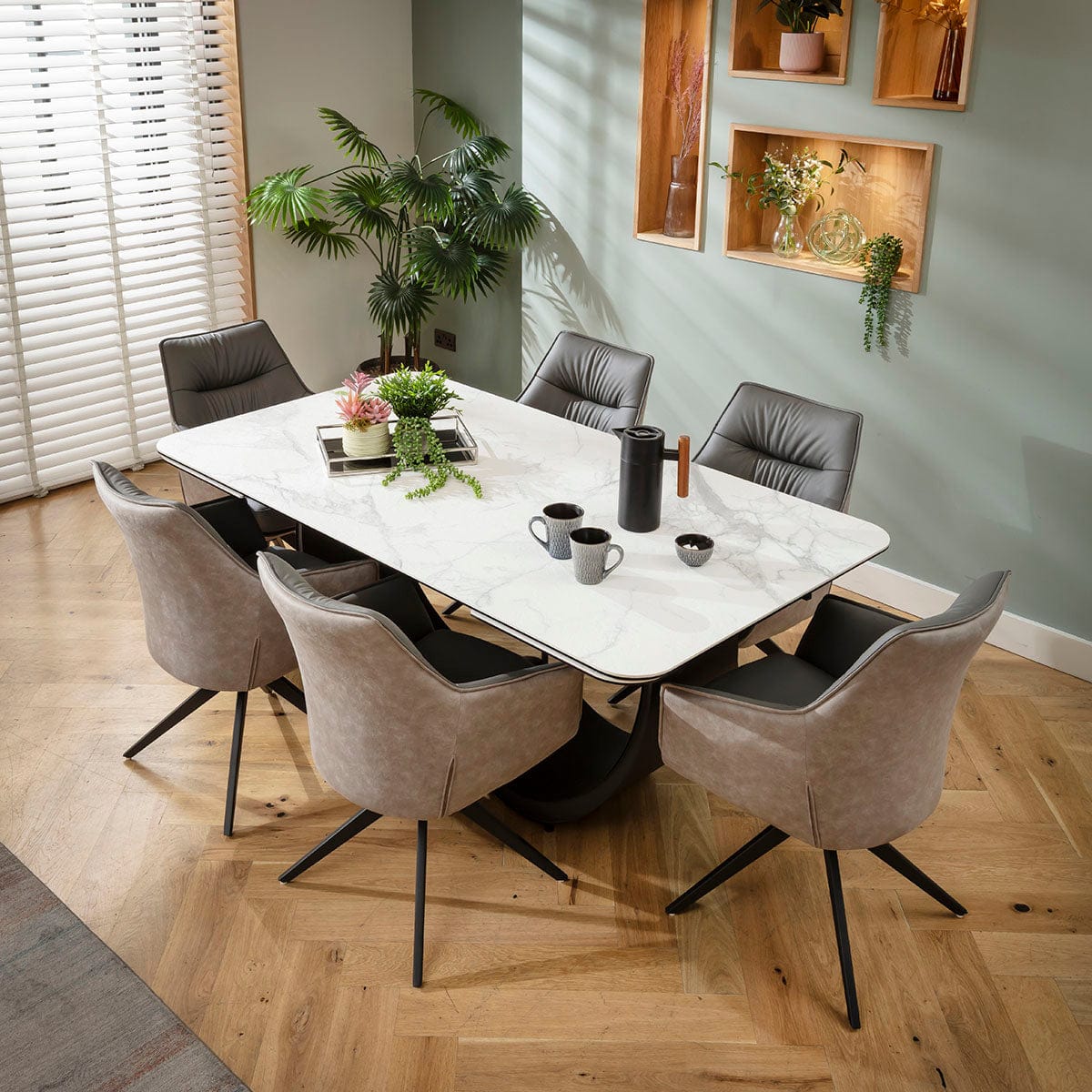 Ensemble de salle à manger extensible 6 places Millie &amp; Hugo, style moderne, en céramique grise et blanche mate